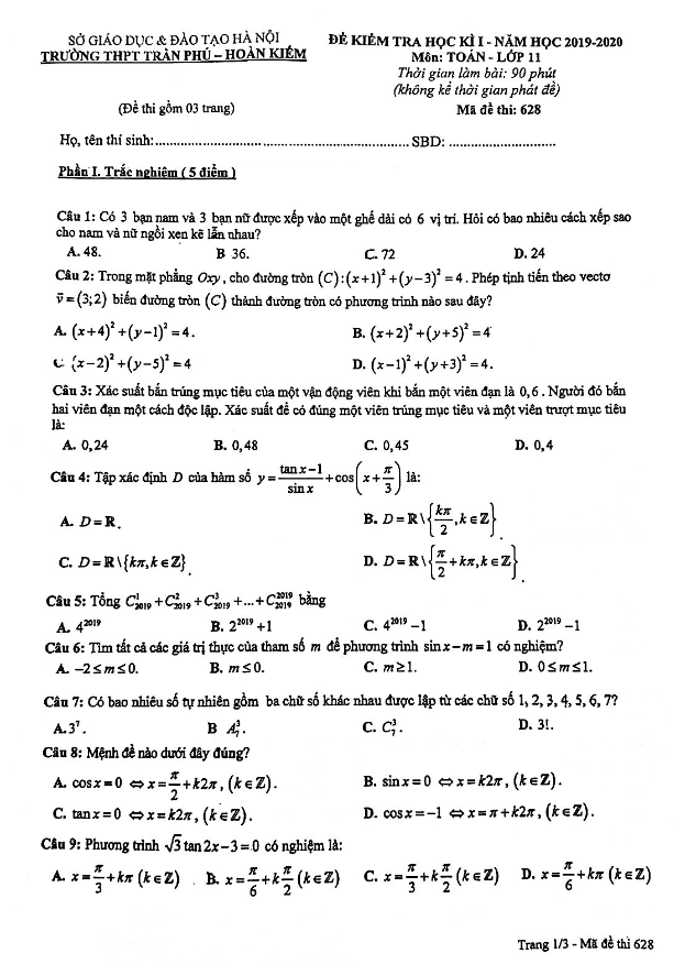 Đề thi học kì 1 (HK1) lớp 11 môn Toán năm 2019 2020 trường THPT Trần Phú Hà Nội