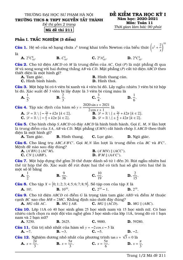 Đề thi học kì 1 (HK1) lớp 11 môn Toán năm 2020 2021 trường Nguyễn Tất Thành Hà Nội