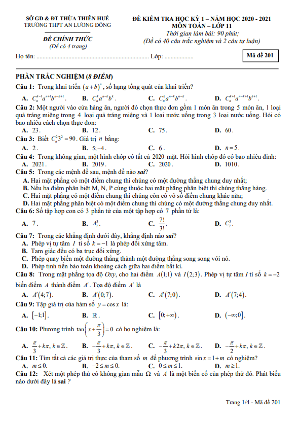 Đề thi học kì 1 (HK1) lớp 11 môn Toán năm 2020 2021 trường THPT An Lương Đông TT Huế