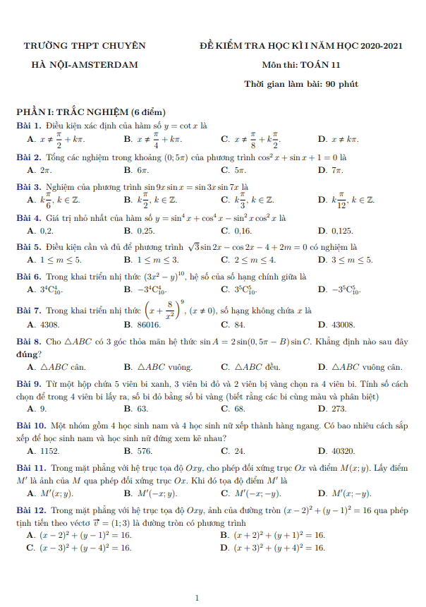 Đề thi học kì 1 (HK1) lớp 11 môn Toán năm 2020 2021 trường THPT chuyên Hà Nội Amsterdam