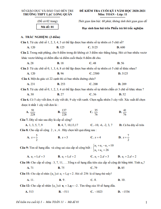 Đề thi học kì 1 (HK1) lớp 11 môn Toán năm 2020 2021 trường THPT Lạc Long Quân Bến Tre