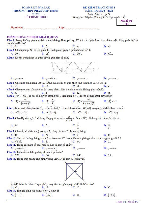 Đề thi học kì 1 (HK1) lớp 11 môn Toán năm 2020 2021 trường THPT Phan Chu Trinh Đắk Lắk