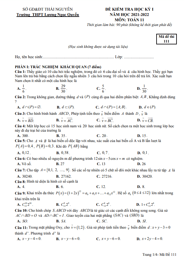 Đề thi học kì 1 (HK1) lớp 11 môn Toán năm 2021 2022 trường THPT Lương Ngọc Quyến Thái Nguyên