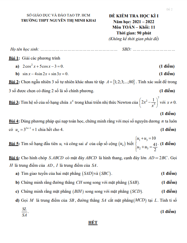 Đề thi học kì 1 (HK1) lớp 11 môn Toán năm 2021 2022 trường THPT Nguyễn Thị Minh Khai TP HCM