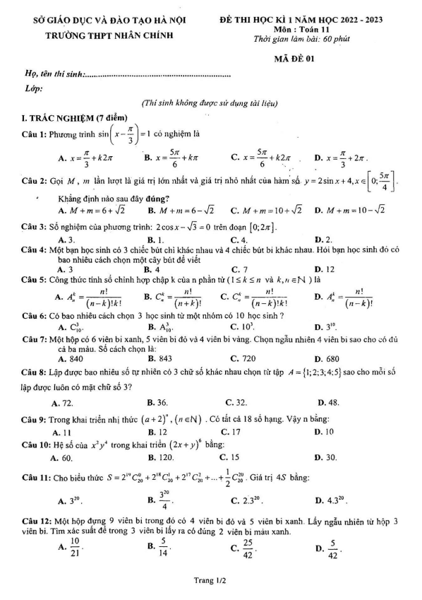 Đề thi học kì 1 (HK1) lớp 11 môn Toán năm 2022 2023 trường THPT Nhân Chính Hà Nội