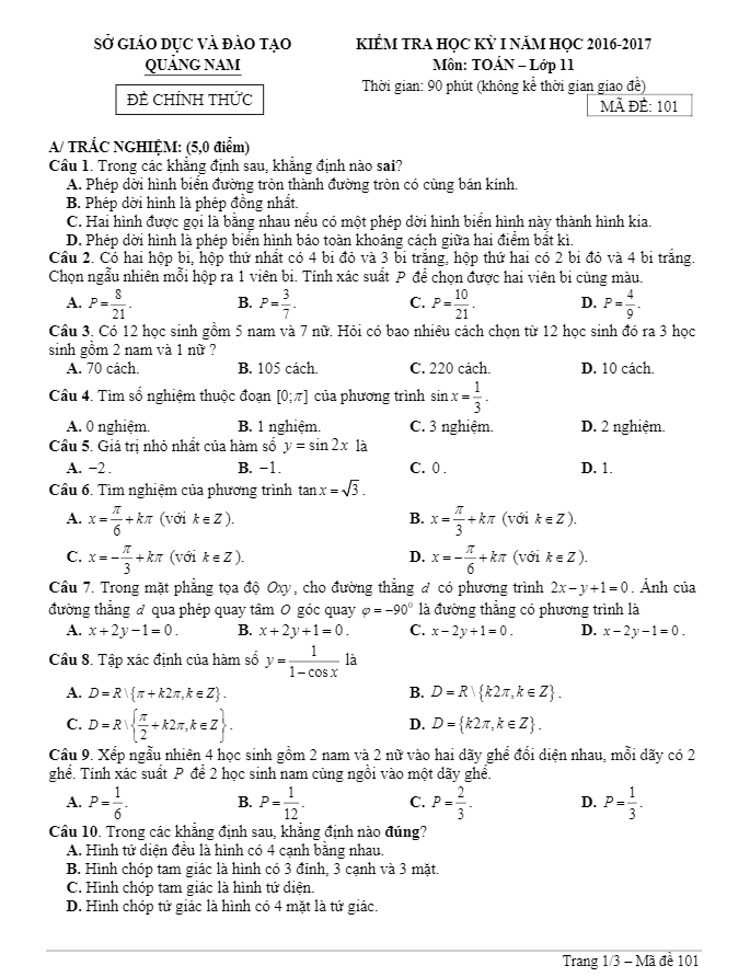 Đề thi học kì 1 (HK1) lớp 11 môn Toán năm học 2016 2017 sở GD và ĐT Quảng Nam