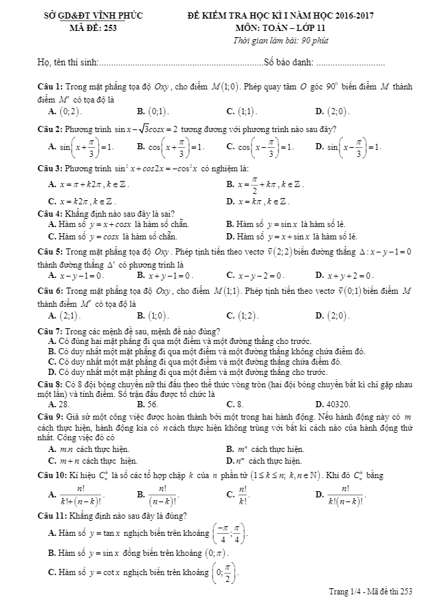 Đề thi học kì 1 (HK1) lớp 11 môn Toán năm học 2016 2017 sở GD và ĐT Vĩnh Phúc