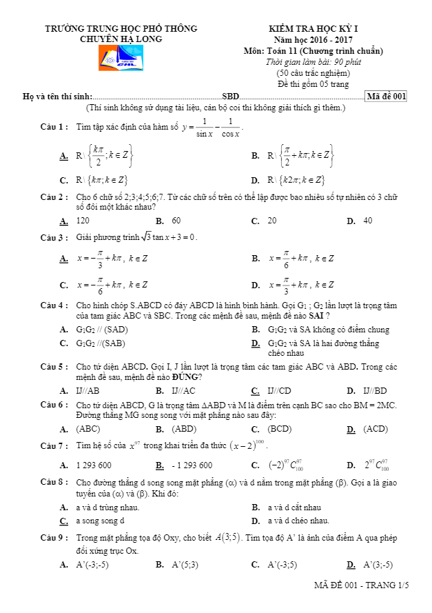 Đề thi học kì 1 (HK1) lớp 11 môn Toán năm học 2016 2017 trường chuyên Hạ Long Quảng Ninh