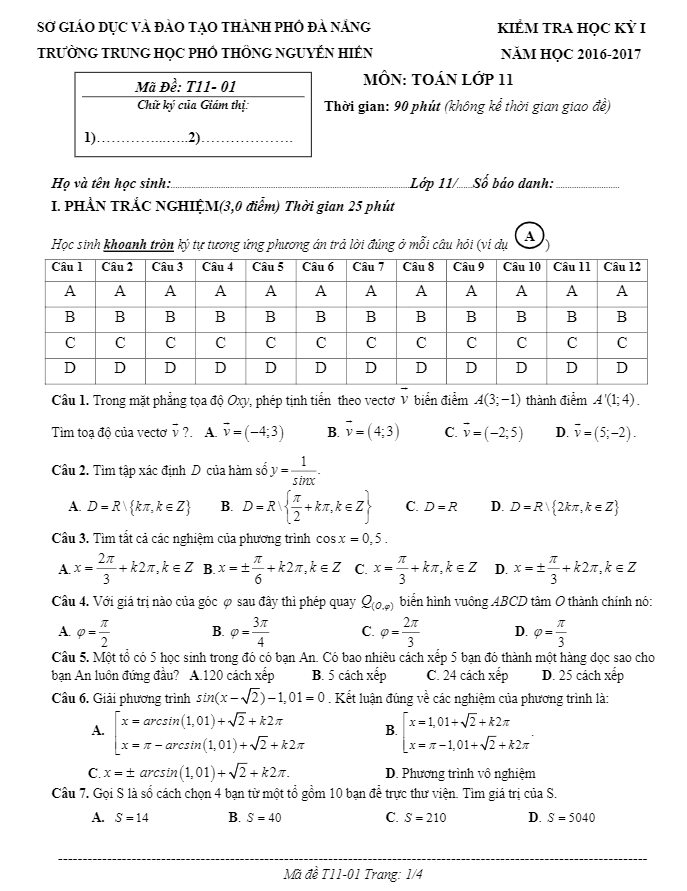 Đề thi học kì 1 (HK1) lớp 11 môn Toán năm học 2016 2017 trường THPT Nguyễn Hiền Đà Nẵng
