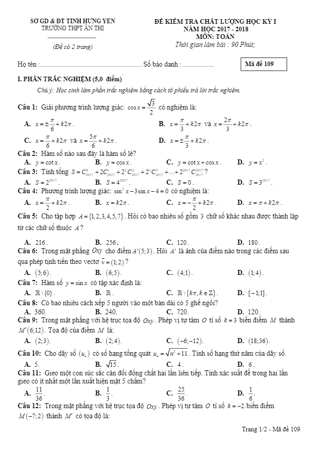 Đề thi học kì 1 (HK1) lớp 11 môn Toán năm học 2017 2018 trường THPT Ân Thi Hưng Yên