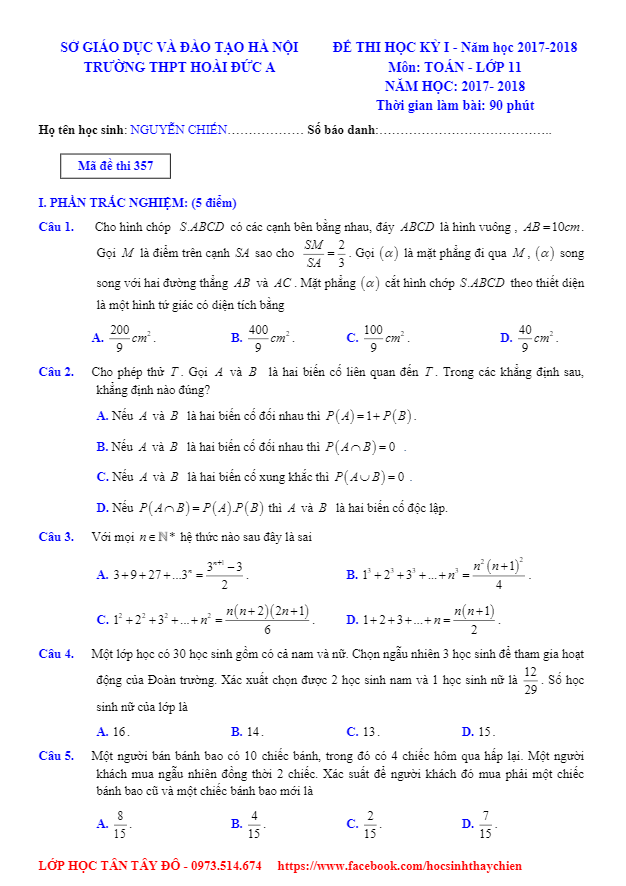 Đề thi học kì 1 (HK1) lớp 11 môn Toán năm học 2017 2018 trường THPT Hoài Đức A Hà Nội