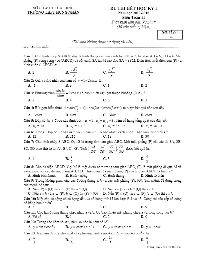 Đề thi học kì 1 (HK1) lớp 11 môn Toán năm học 2017 2018 trường THPT Hưng Nhân Thái Bình