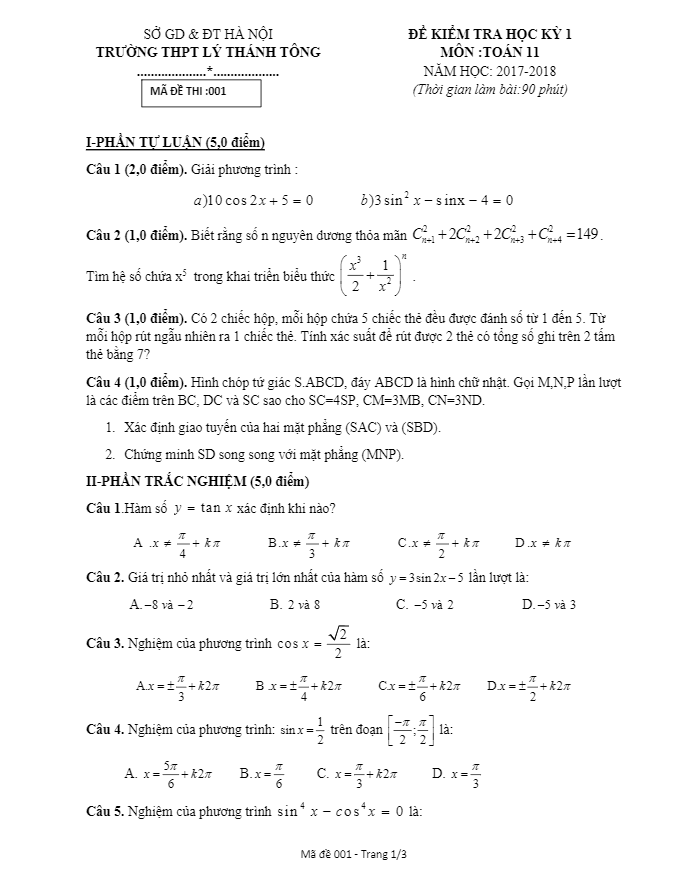 Đề thi học kì 1 (HK1) lớp 11 môn Toán năm học 2017 2018 trường THPT Lý Thánh Tông Hà Nội
