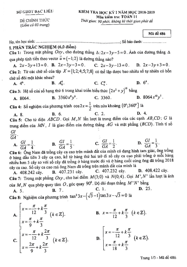 Đề thi học kì 1 (HK1) lớp 11 môn Toán năm học 2018 2019 sở GD ĐT Bạc Liêu