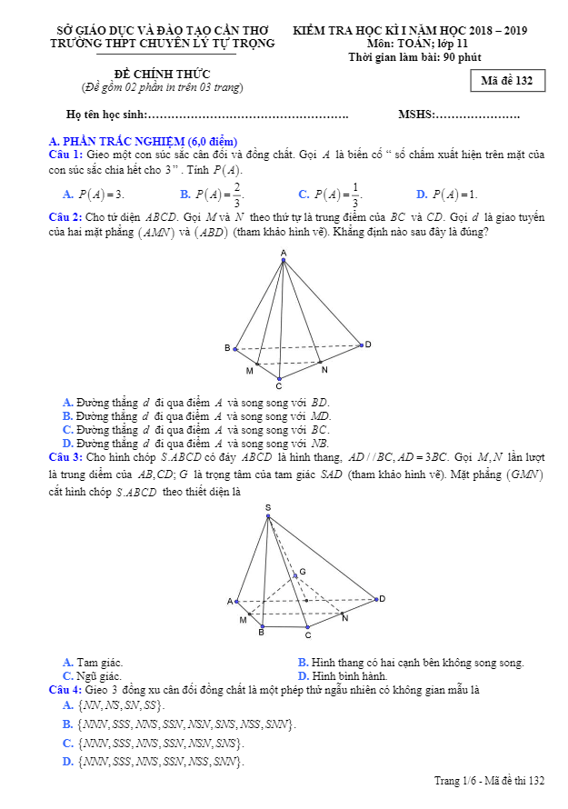 Đề thi học kì 1 (HK1) lớp 11 môn Toán năm học 2018 2019 trường THPT chuyên Lý Tự Trọng Cần Thơ