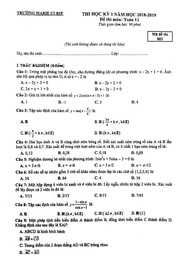Đề thi học kì 1 (HK1) lớp 11 môn Toán năm học 2018 2019 trường THPT Marie Curie Hà Nội
