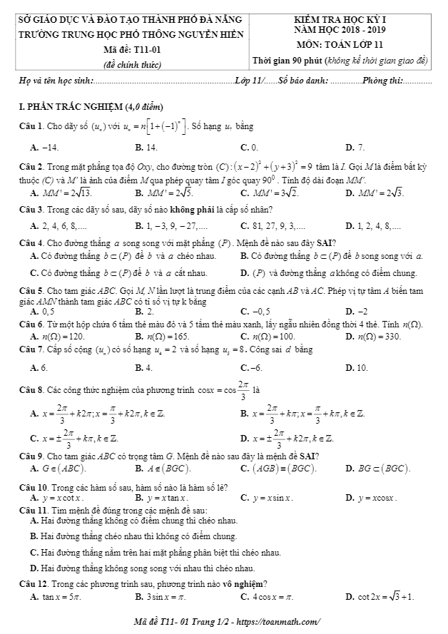 Đề thi học kì 1 (HK1) lớp 11 môn Toán năm học 2018 2019 trường THPT Nguyễn Hiền Đà Nẵng