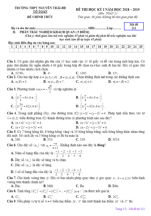 Đề thi học kì 1 (HK1) lớp 11 môn Toán năm học 2018 2019 trường THPT Nguyễn Trãi Hà Nội