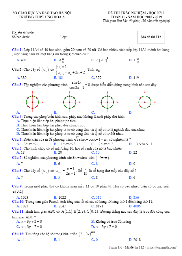 Đề thi học kì 1 (HK1) lớp 11 môn Toán năm học 2018 2019 trường THPT Ứng Hòa A Hà Nội