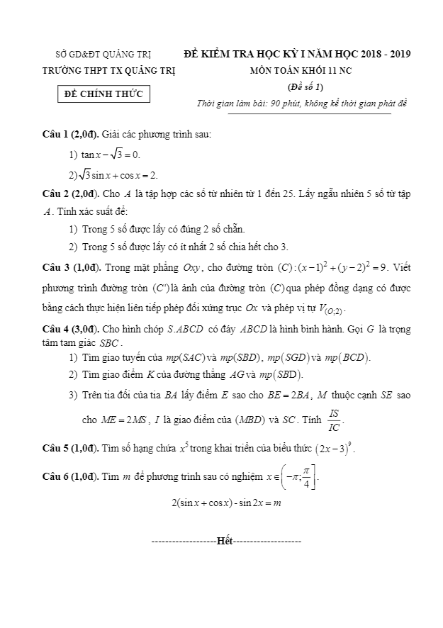 Đề thi học kì 1 (HK1) lớp 11 môn Toán năm học 2018 – 2019 trường THPT Thị Xã Quảng Trị