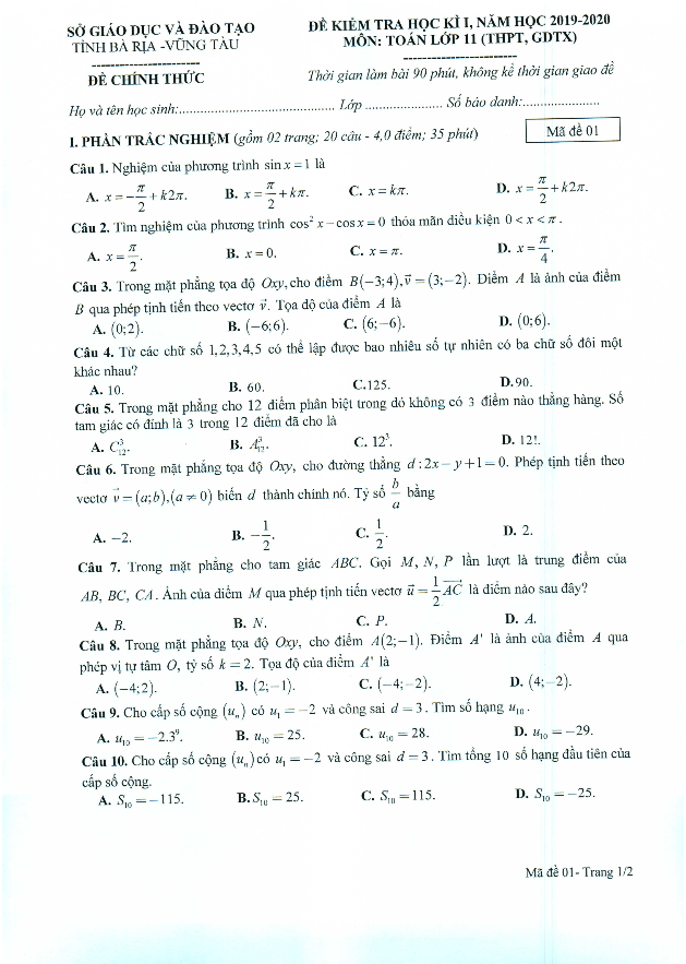 Đề thi học kì 1 (HK1) lớp 11 môn Toán năm học 2019 2020 sở GD ĐT Bà Rịa Vũng Tàu