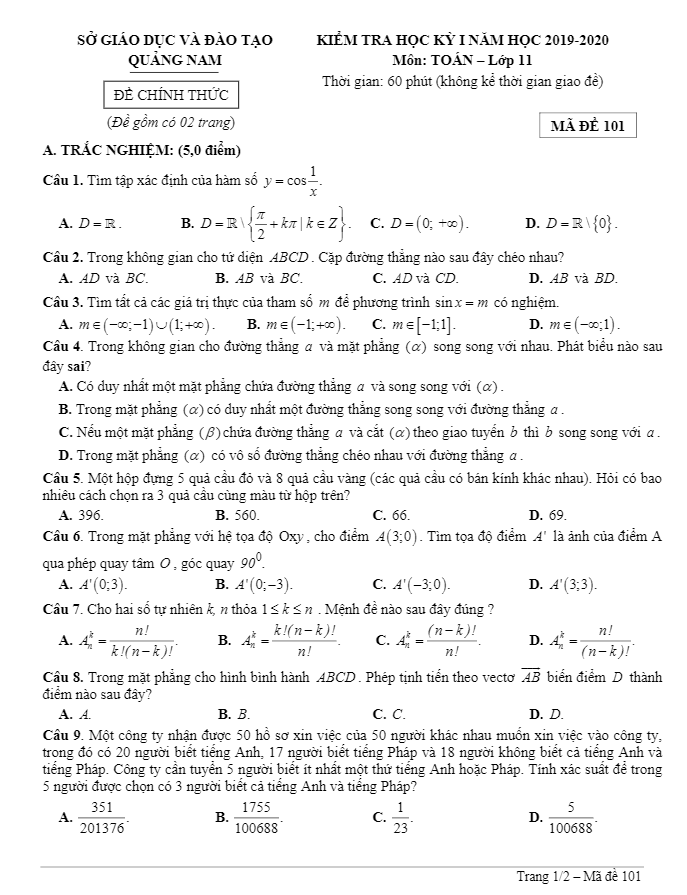 Đề thi học kì 1 (HK1) lớp 11 môn Toán năm học 2019 2020 sở GD ĐT Quảng Nam