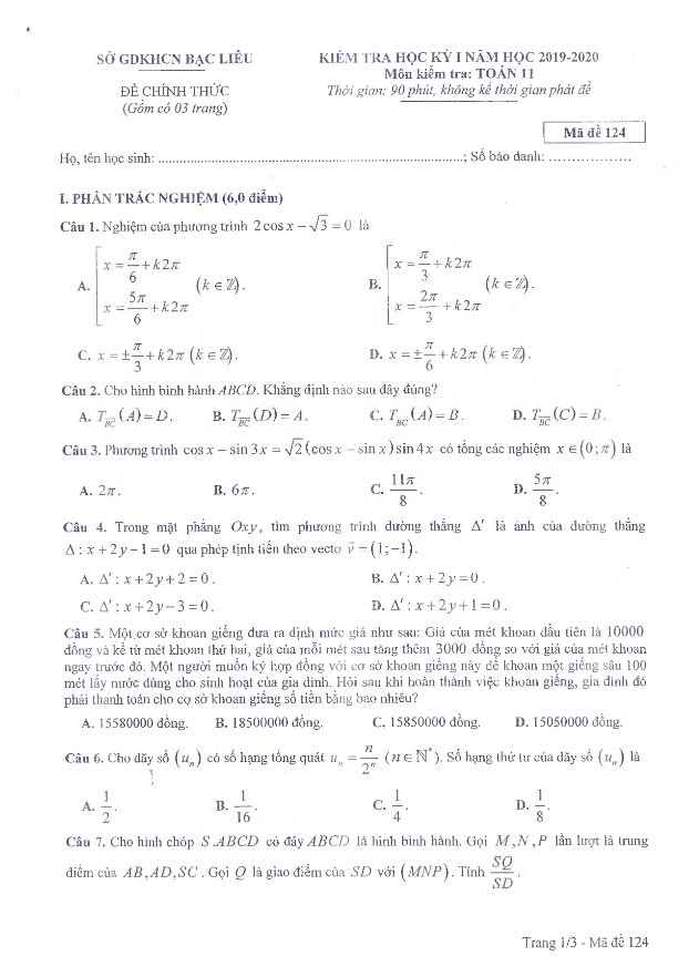 Đề thi học kì 1 (HK1) lớp 11 môn Toán năm học 2019 2020 sở GDKHCN Bạc Liêu