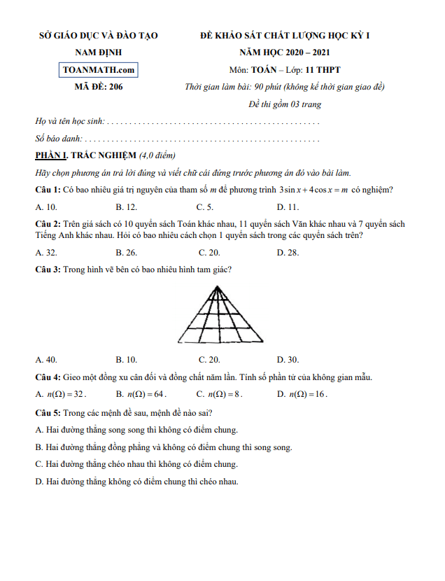 Đề thi học kì 1 (HK1) lớp 11 môn Toán năm học 2020 2021 sở GD ĐT Nam Định