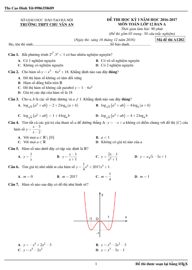 Đề thi học kì 1 (HK1) lớp 12 môn Toán ban A năm học 2016 2017 trường Chu Văn An Hà Nội