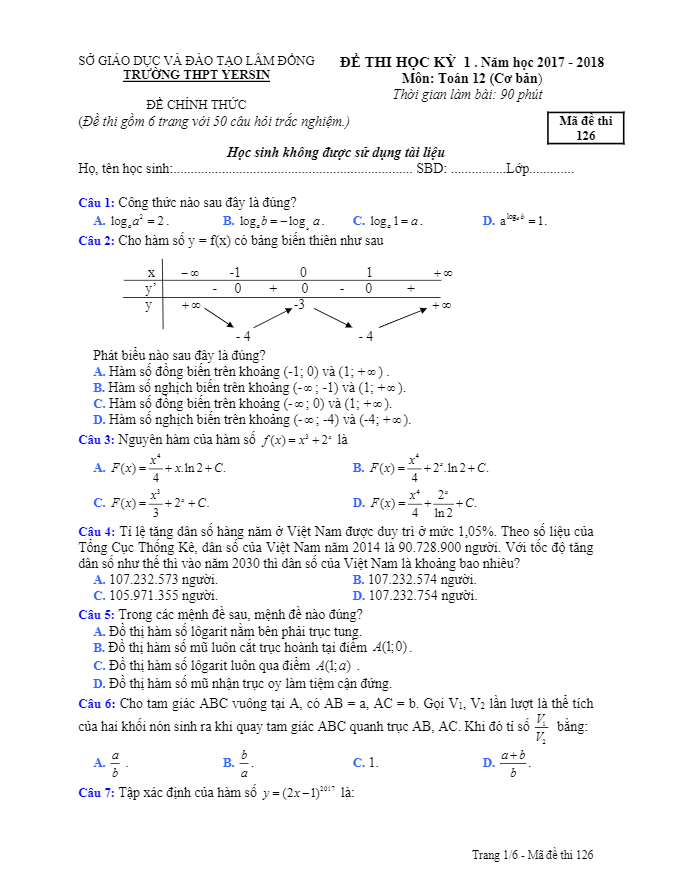 Đề thi học kì 1 (HK1) lớp 12 môn Toán cơ bản năm học 2017 2018 trường THPT Yersin Lâm Đồng
