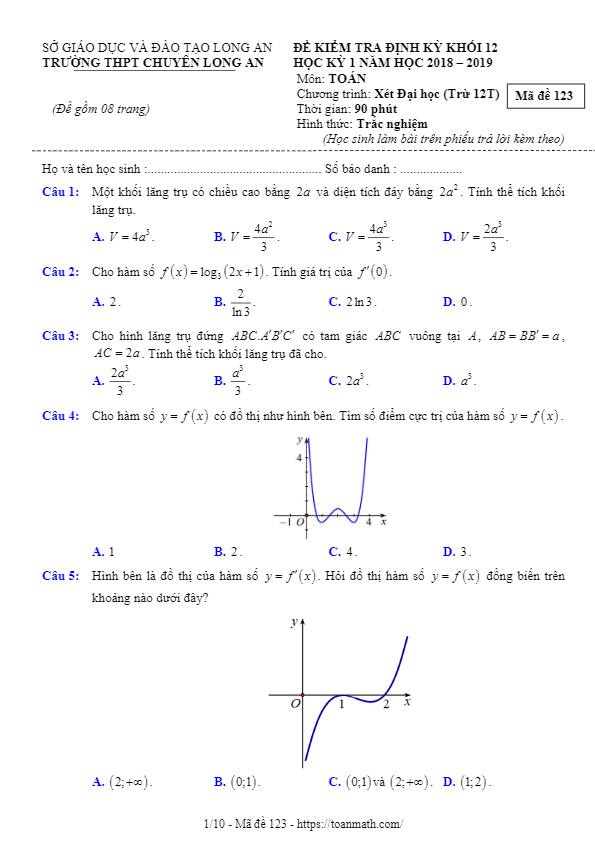 Đề thi học kì 1 (HK1) lớp 12 môn Toán năm 2018 2019 trường THPT chuyên Long An