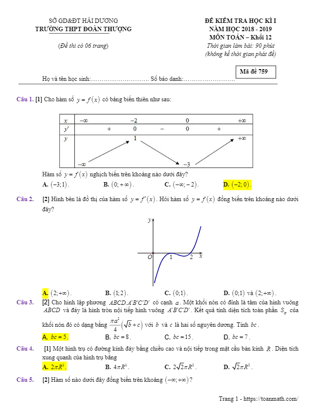 Đề thi học kì 1 (HK1) lớp 12 môn Toán năm 2018 – 2019 trường THPT Đoàn Thượng – Hải Dương