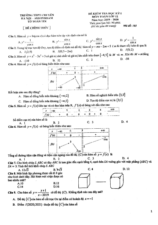 Đề thi học kì 1 (HK1) lớp 12 môn Toán năm 2019 2020 trường chuyên Hà Nội Amsterdam