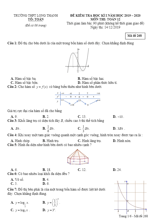 Đề thi học kì 1 (HK1) lớp 12 môn Toán năm 2019 2020 trường Long Thạnh Kiên Giang