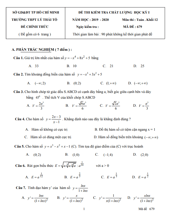 Đề thi học kì 1 (HK1) lớp 12 môn Toán năm 2019 2020 trường Lý Thái Tổ TP HCM