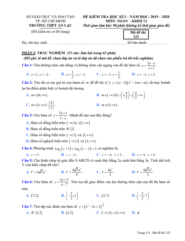 Đề thi học kì 1 (HK1) lớp 12 môn Toán năm 2019 2020 trường THPT An Lạc TP HCM