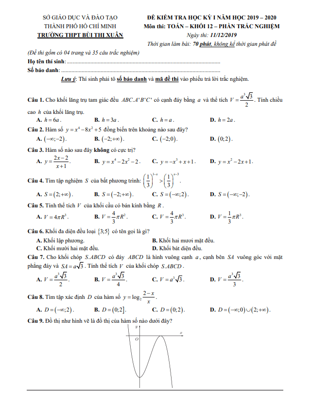Đề thi học kì 1 (HK1) lớp 12 môn Toán năm 2019 2020 trường THPT Bùi Thị Xuân TP HCM