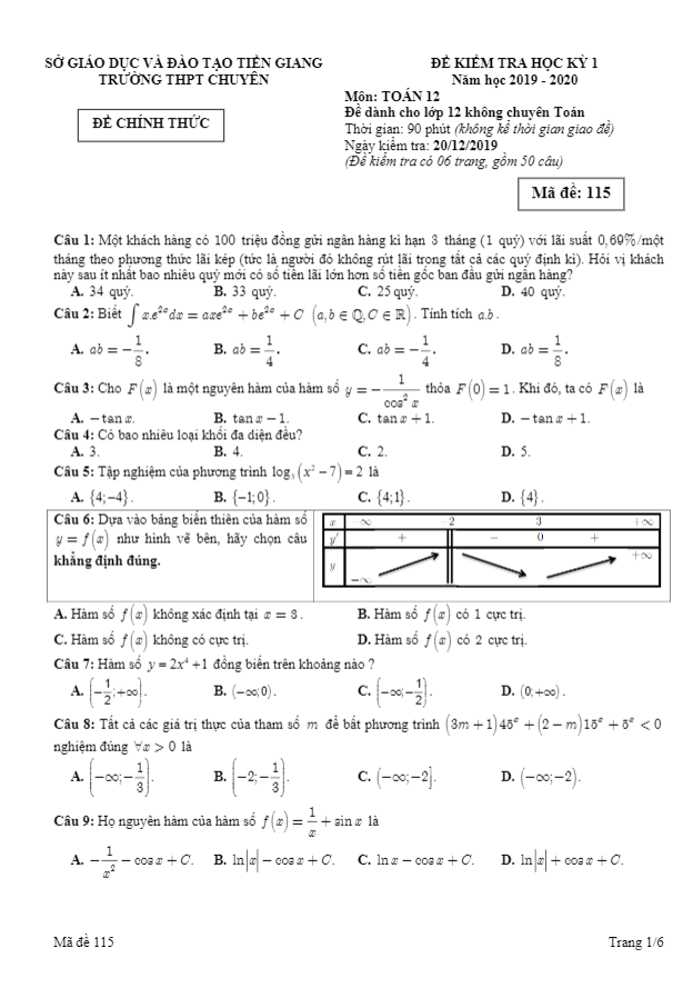 Đề thi học kì 1 (HK1) lớp 12 môn Toán năm 2019 2020 trường THPT chuyên Tiền Giang