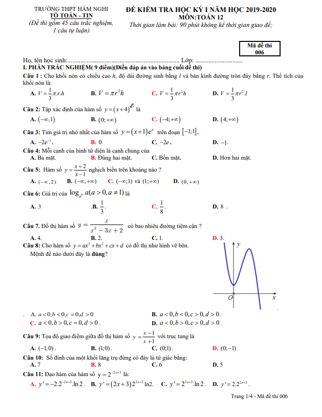 Đề thi học kì 1 (HK1) lớp 12 môn Toán năm 2019 2020 trường THPT Hàm Nghi Hà Tĩnh
