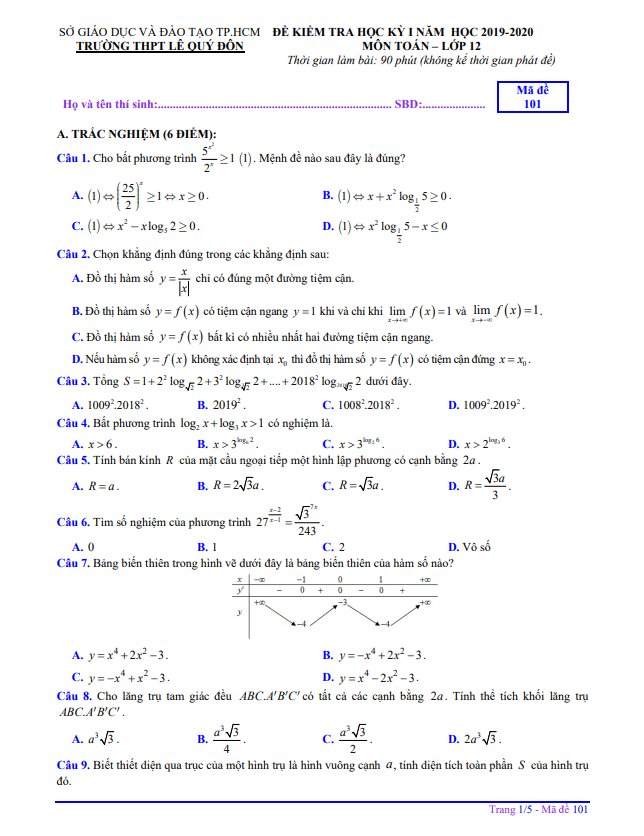 Đề thi học kì 1 (HK1) lớp 12 môn Toán năm 2019 2020 trường THPT Lê Quý Đôn TP HCM