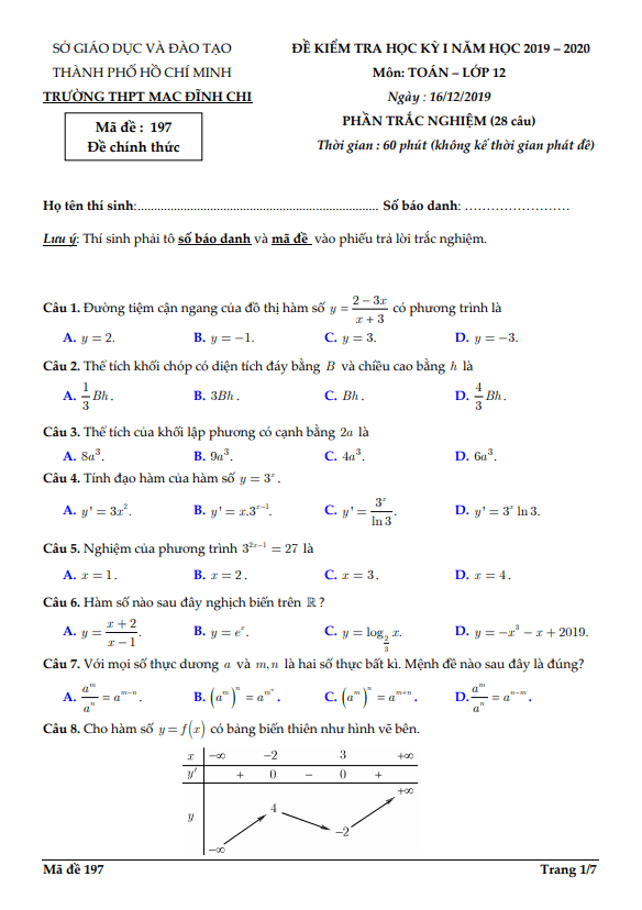 Đề thi học kì 1 (HK1) lớp 12 môn Toán năm 2019 2020 trường THPT Mạc Đĩnh Chi TP HCM