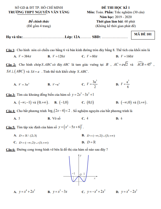 Đề thi học kì 1 (HK1) lớp 12 môn Toán năm 2019 2020 trường THPT Nguyễn Văn Tăng TP HCM