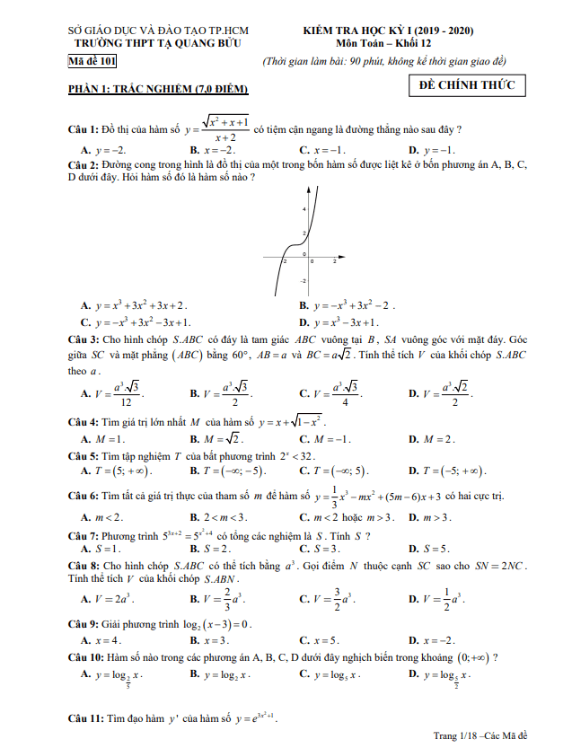 Đề thi học kì 1 (HK1) lớp 12 môn Toán năm 2019 2020 trường THPT Tạ Quang Bửu TP HCM