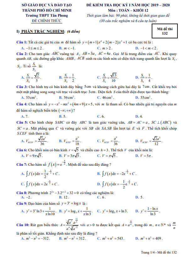 Đề thi học kì 1 (HK1) lớp 12 môn Toán năm 2019 2020 trường THPT Tân Phong TP HCM