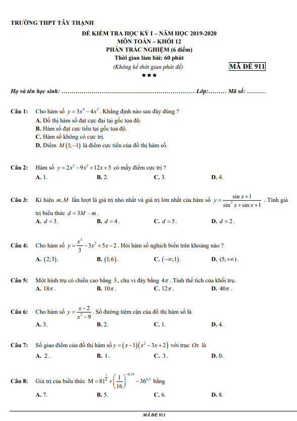 Đề thi học kì 1 (HK1) lớp 12 môn Toán năm 2019 2020 trường THPT Tây Thạnh TP HCM