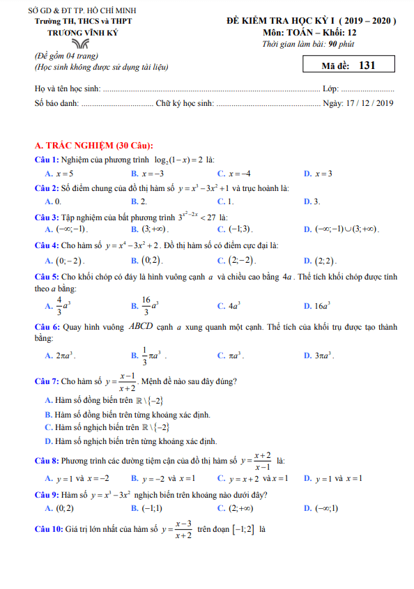 Đề thi học kì 1 (HK1) lớp 12 môn Toán năm 2019 2020 trường Trương Vĩnh Ký TP HCM