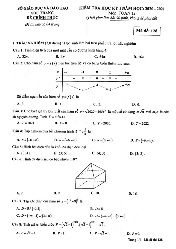 Đề thi học kì 1 (HK1) lớp 12 môn Toán năm 2020 2021 sở GD ĐT Sóc Trăng