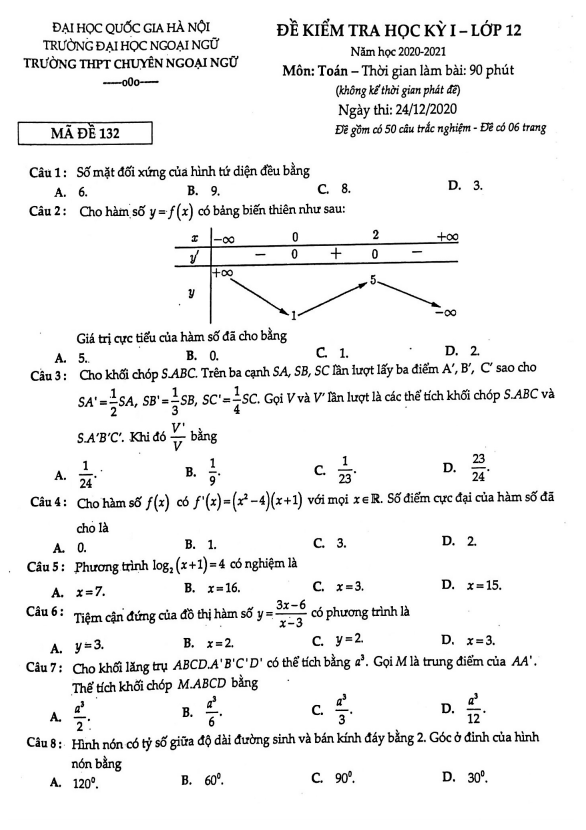 Đề thi học kì 1 (HK1) lớp 12 môn Toán năm 2020 2021 trường THPT chuyên Ngoại Ngữ Hà Nội