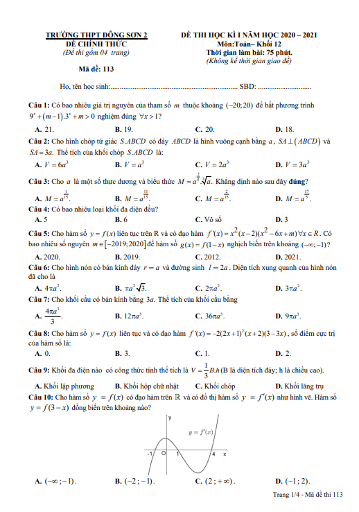 Đề thi học kì 1 (HK1) lớp 12 môn Toán năm 2020 2021 trường THPT Đông Sơn 2 Thanh Hóa