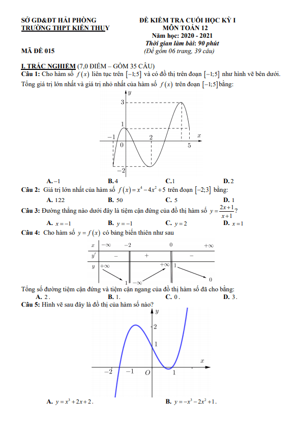 Đề thi học kì 1 (HK1) lớp 12 môn Toán năm 2020 2021 trường THPT Kiến Thụy Hải Phòng